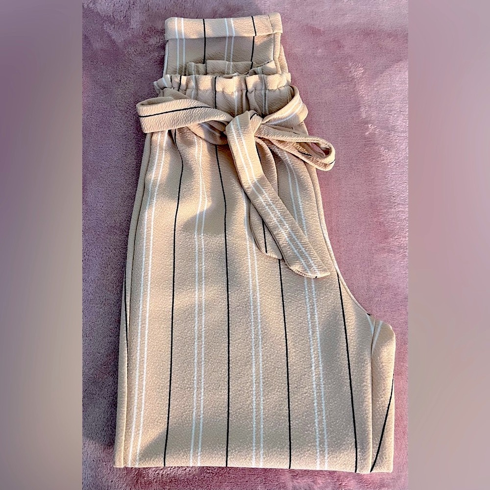 No Comment Pinstripe Gathered Waist Tie Belt Salmon Pink Pinstripe Dress Pants - Picture 5 of 9